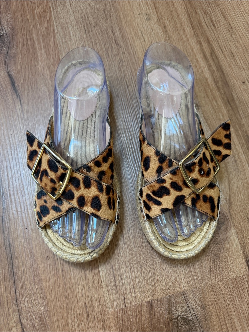 J. Crew Leopard-Print Pony Hair Slide Sandals with Gold Buckle, size 9
